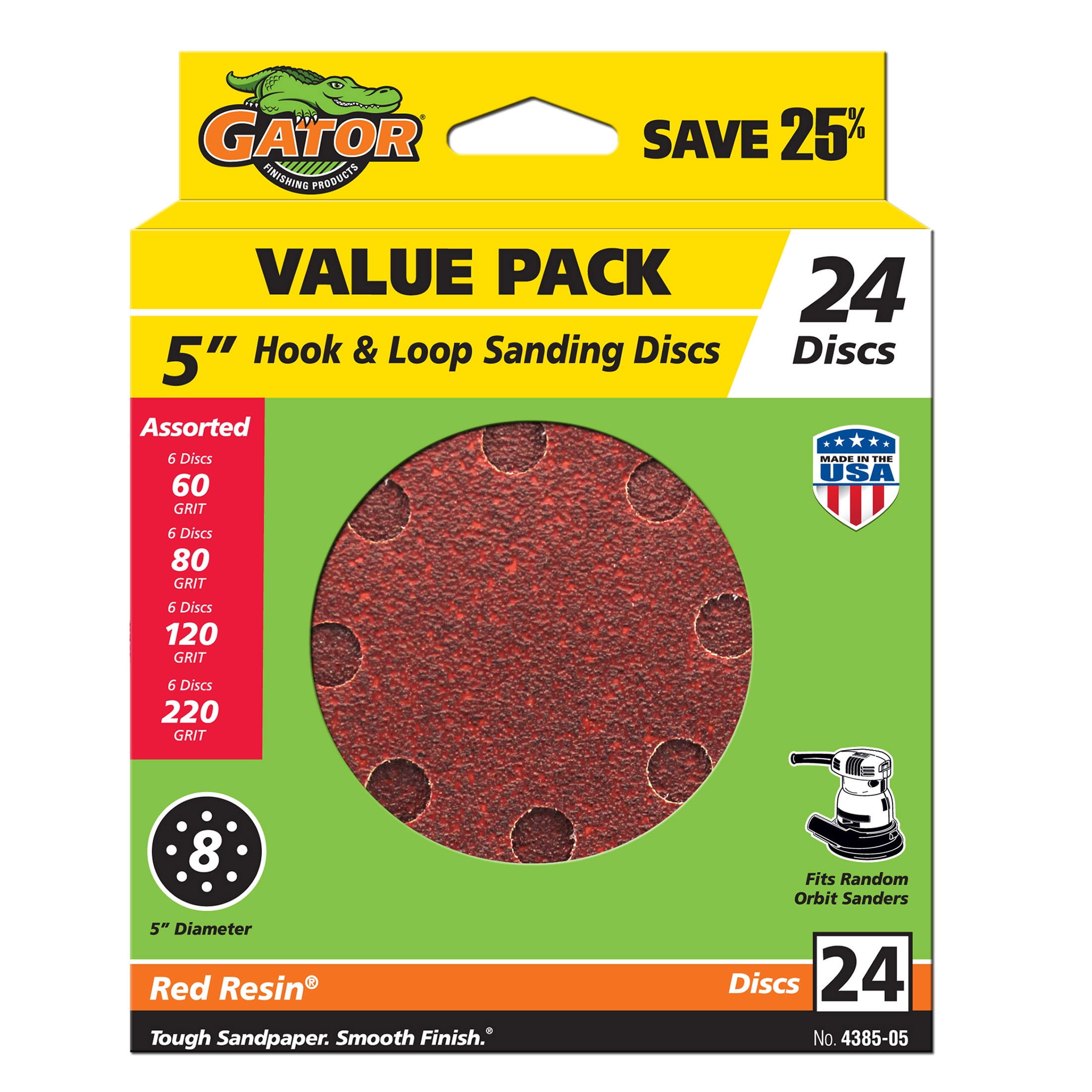Gator 5-Inch 8-Hole Aluminum Oxide Hook and Loop Sanding Disc, Assorted 60/80/120/220 Grit, 24-Pack, 4385-05