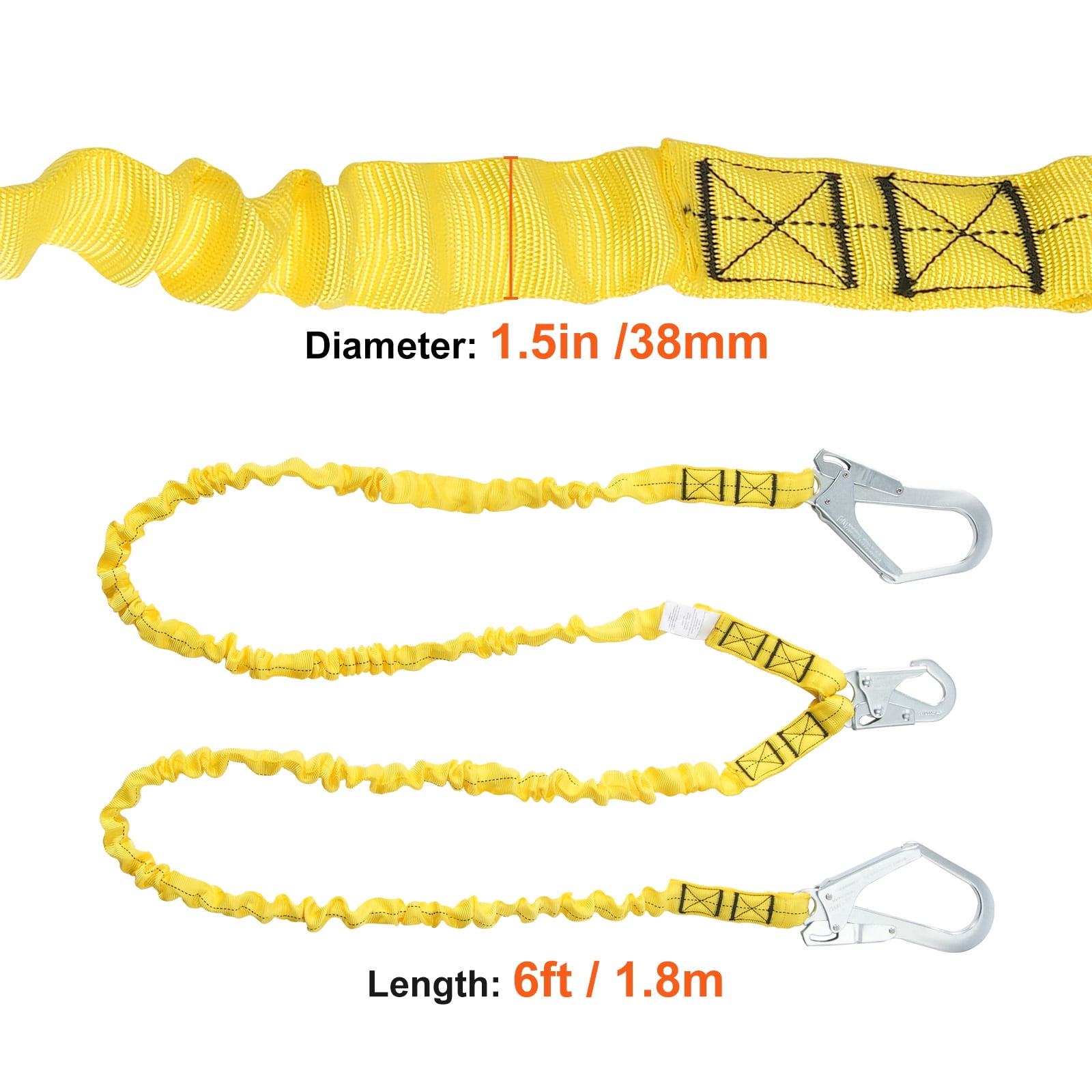 KFFKFF 38mm Protective Lanyard, 6ft Safety Cord with Dual Alloy Snap Hooks, Flexible Security Strap for Tree Climbing, Indoor/Outdoor Use, 38KN Tensile Strength, Yellow