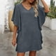 thumbnail image 5 of Mujeres manga corta vestidos de verano cuello en V sólido Batwing manga suelta cambio longitud de rodilla casual cómodo vestido corto de manga larga para mujeres, 5 of 6