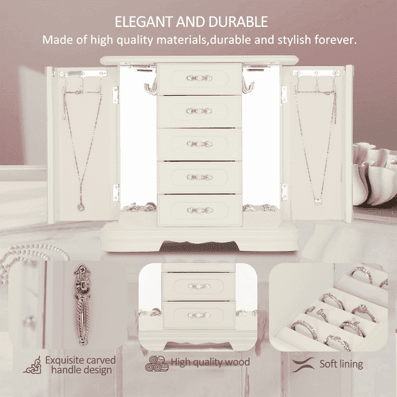 Stufurhome Off-White Wooden Jewelry Box with 12 Hooks and Velvet Lining Organizer for Woman, Girls