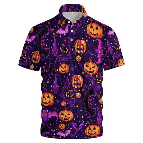 Polo T Shirts for Men Halloween Pumpkin Print Short Sleeve Button Up Collared Tops Slim Fit Casual Summer Outdoor Activities Mens Shirts OTHER L