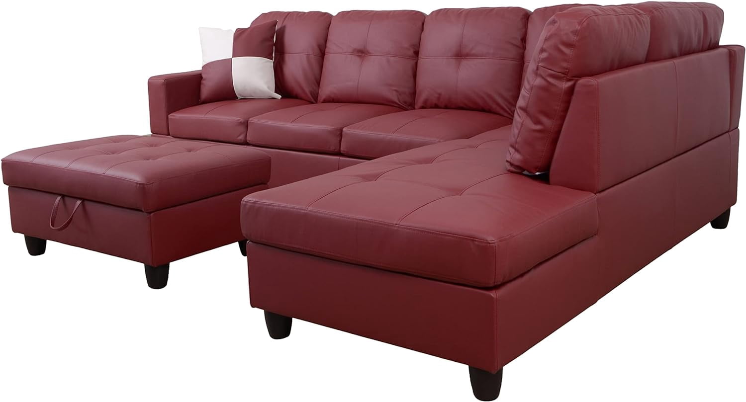 PonLiving Furniture Red Faux Leather 3 Piece Sectional Sofa Couch Set, L-Shaped Modern Sofa with Chaise Storage Ottoman for Living Room Furniture, Right Hand Facing