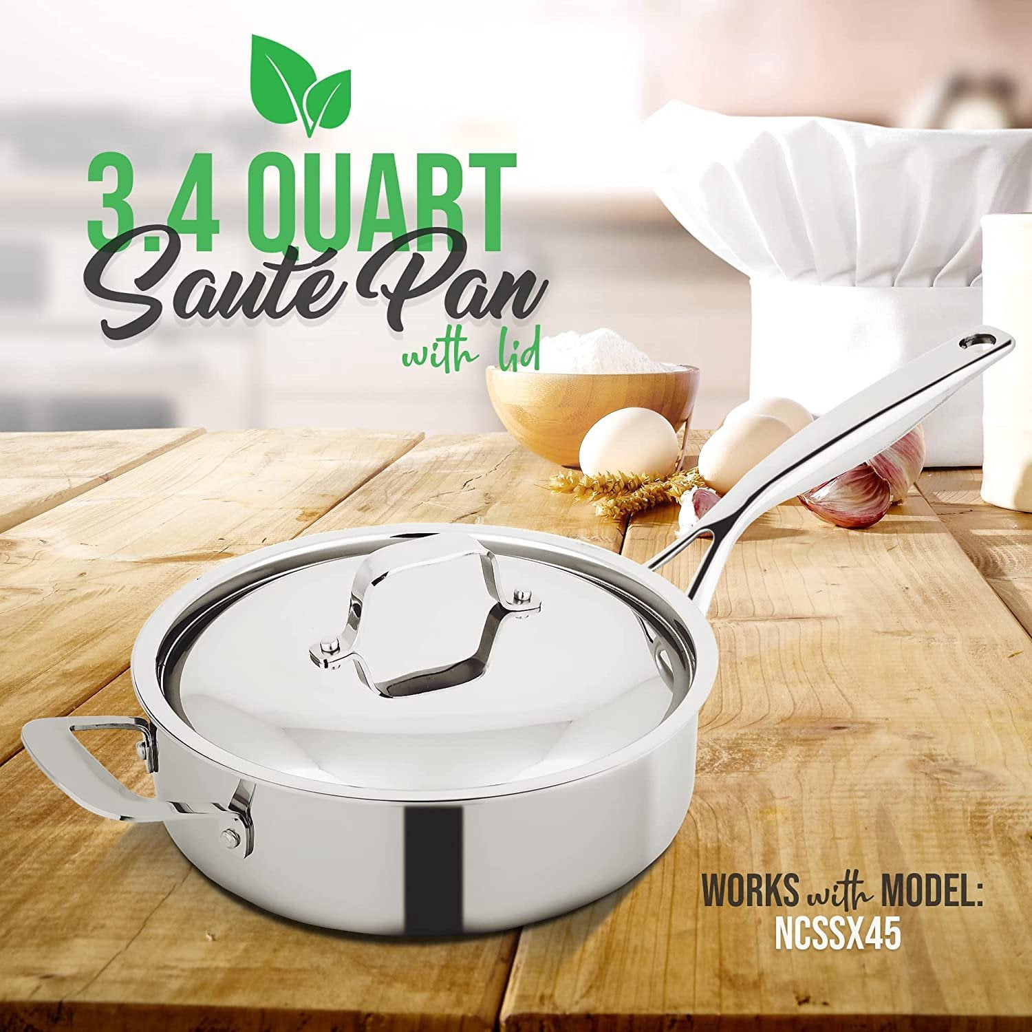NutriChef 3.4-Quart Sauté W/ Lid Stainless Steel Stain-Resistant Kitchen Cookware W/ Satin Interior