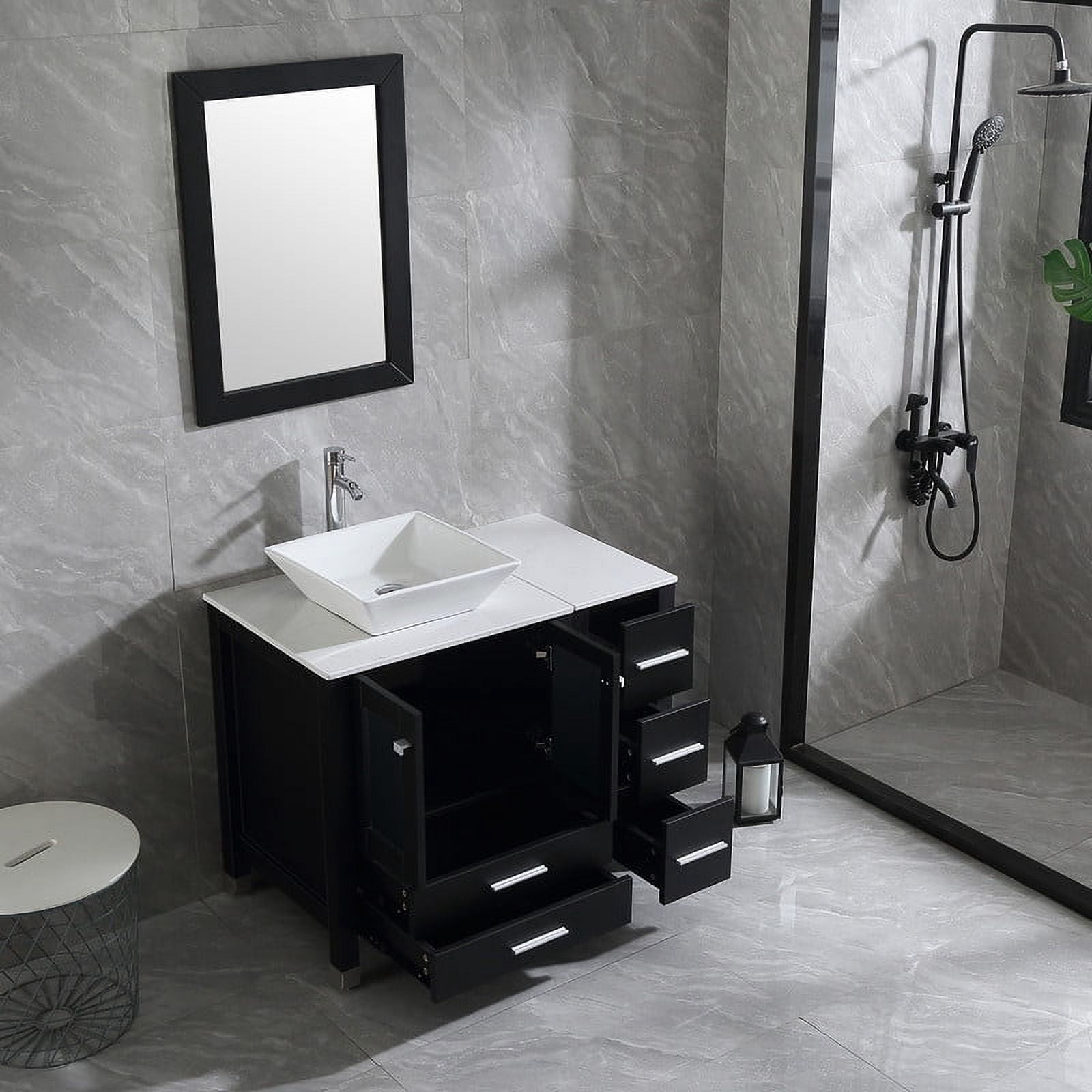 Walsport Bathroom Vanity,36" Stand Pedestal Bathroom Cabinet Top Square Ceramic Vessel Sink Faucet Drain Combo with Mirror Vanities Set,Black