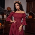 thumbnail image 3 of Gothic Renaissance Dress, Off Shoulder Tiered Dress, Lace Up Corset Waist Dress, Renaissance Dress Women Medieval Costume Victorian Dresses Peasant Gothic Fairy Witch Wedding Under Dress, Wine L, 3 of 6