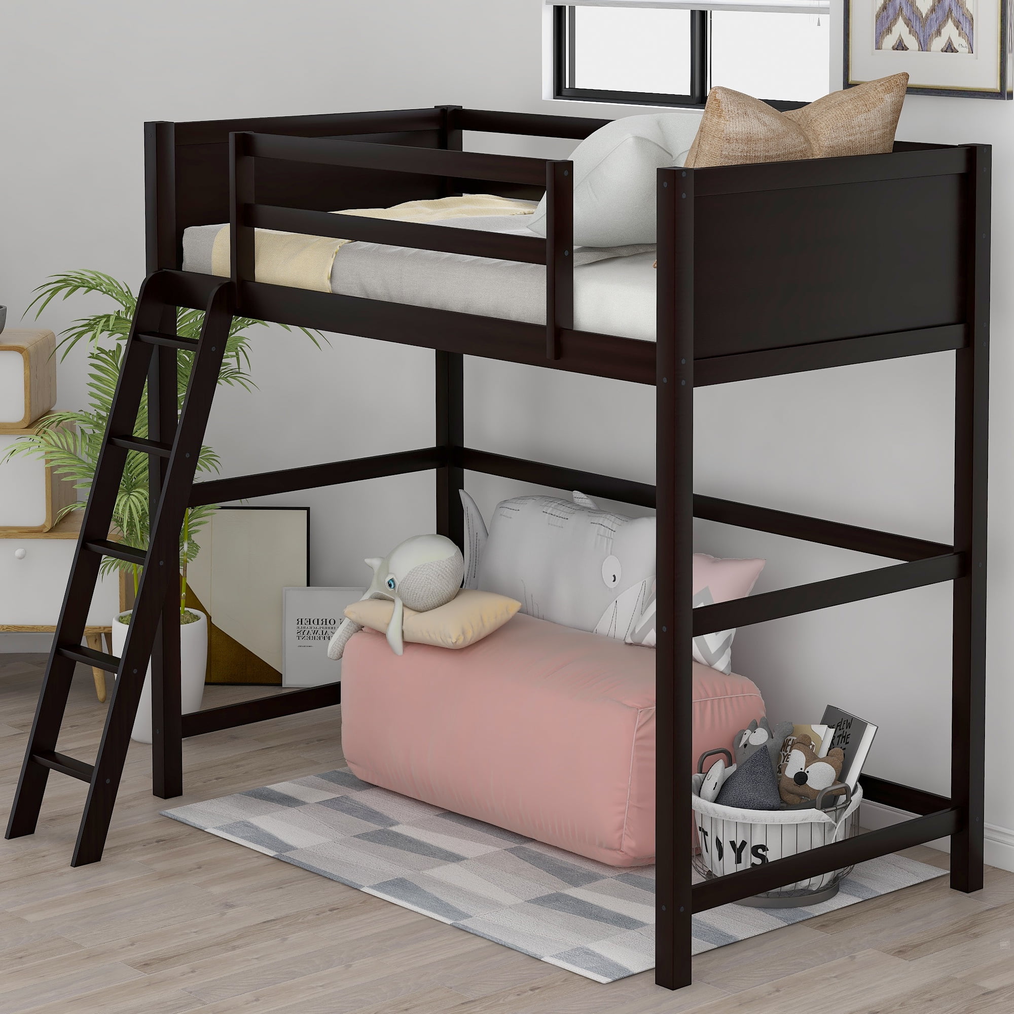 Twin Loft Kids Bunk Bed Children Teens Home Bedroom Furniture with Ladder 