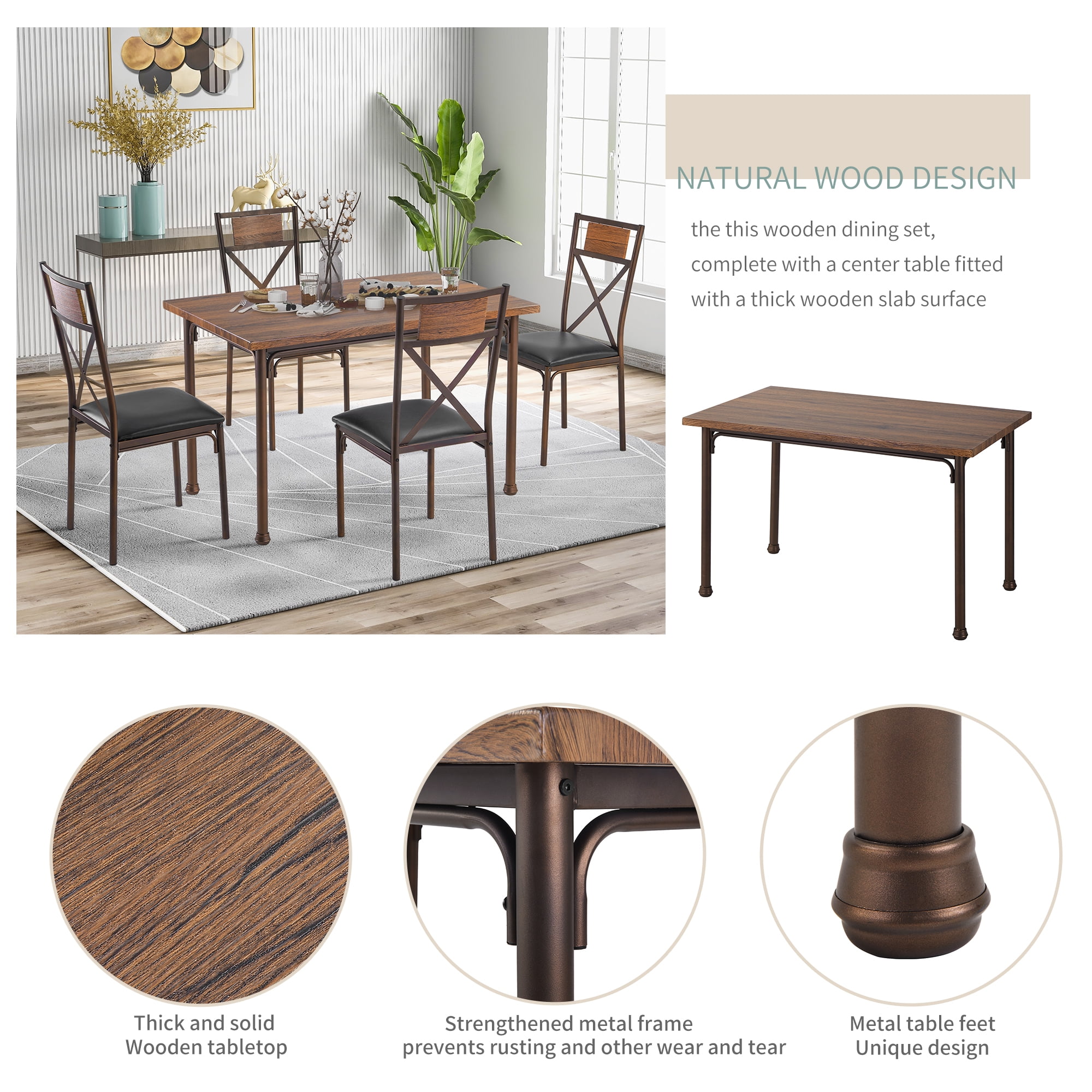 Kepooman 5 Piece Metal Dining Table Set with 4 Padded Chairs for Kitchen, Brown Kepooman 5 Piece Metal Dining Table Set with 4 Padded Chairs for Kitchen, Brown