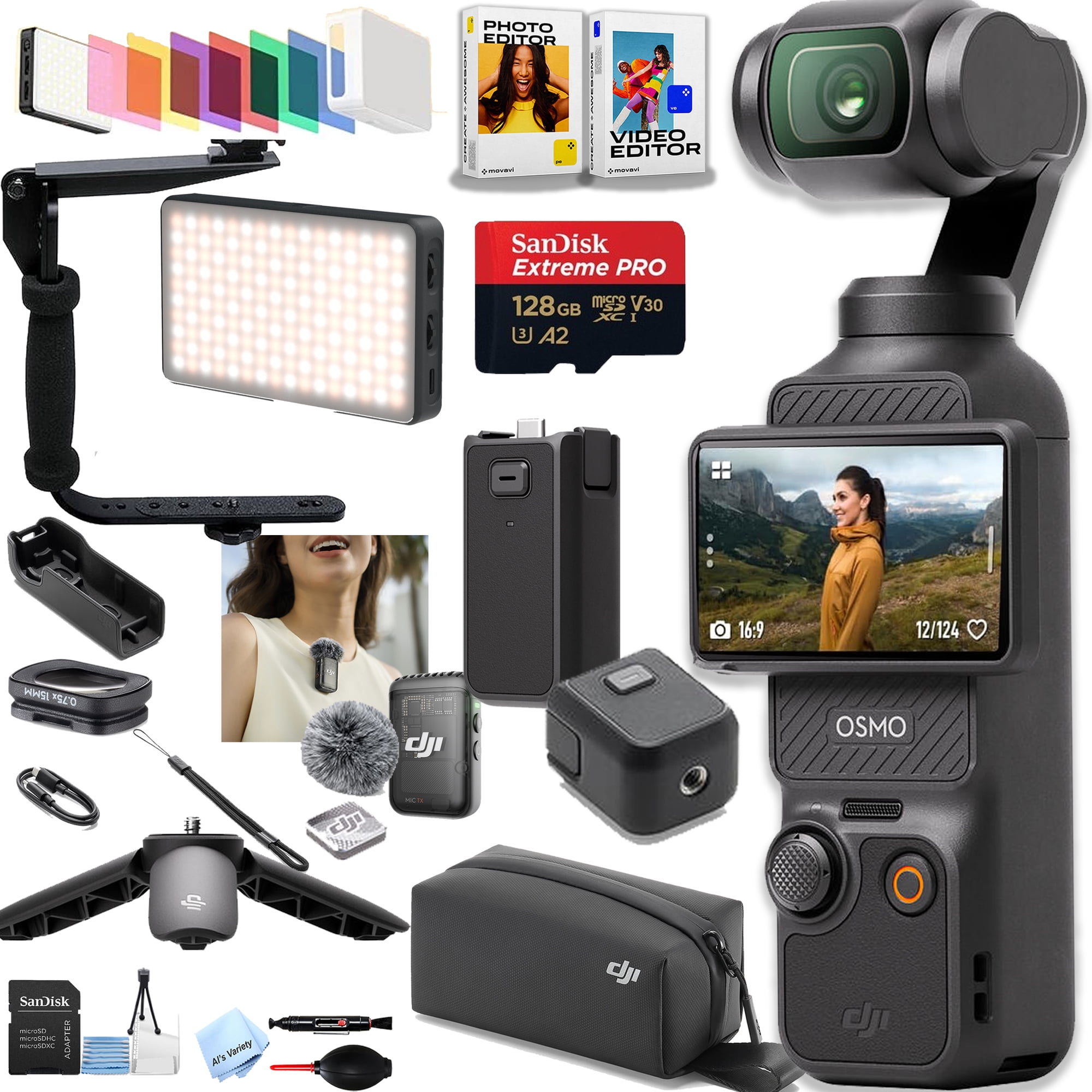 DJI Osmo Pocket 3 Creator Combo, Vlogging Cameras, 4K/120fps Vlog Camera, 3-Axis Stabilization, Face/Object Tracking, Mic Included + 128GB Memory, Video Light , Bracket + More (27pc Bundle)