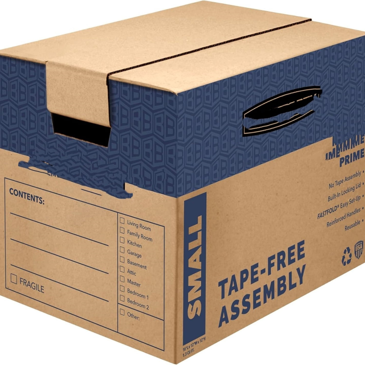 Small Prime Moving Box 10 Pack, Reinforced Handles, Tape-Free Assembly, Attached Lid, 16-in x 12-in x 12-in
