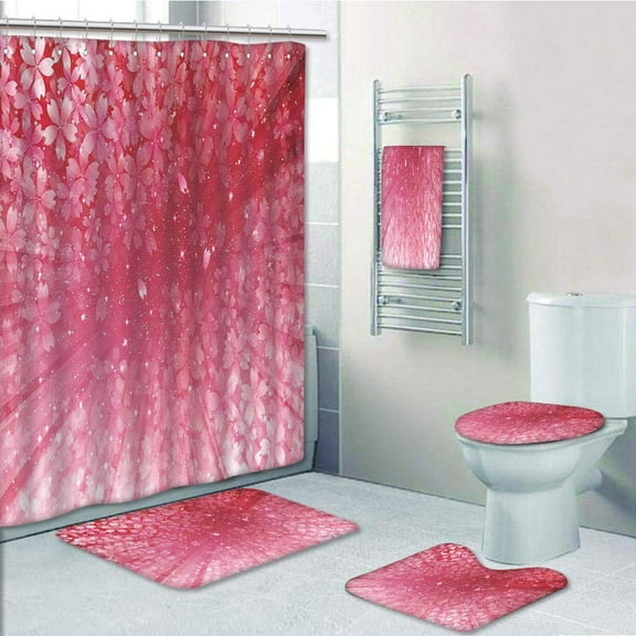 PRTAU Cherry Blossoms Petals on Abstract Sun Rays Springtime in Japan 5 Piece Bathroom Set Shower Curtain Bath Towel Bath Rug Contour Mat and Toilet Lid Cover