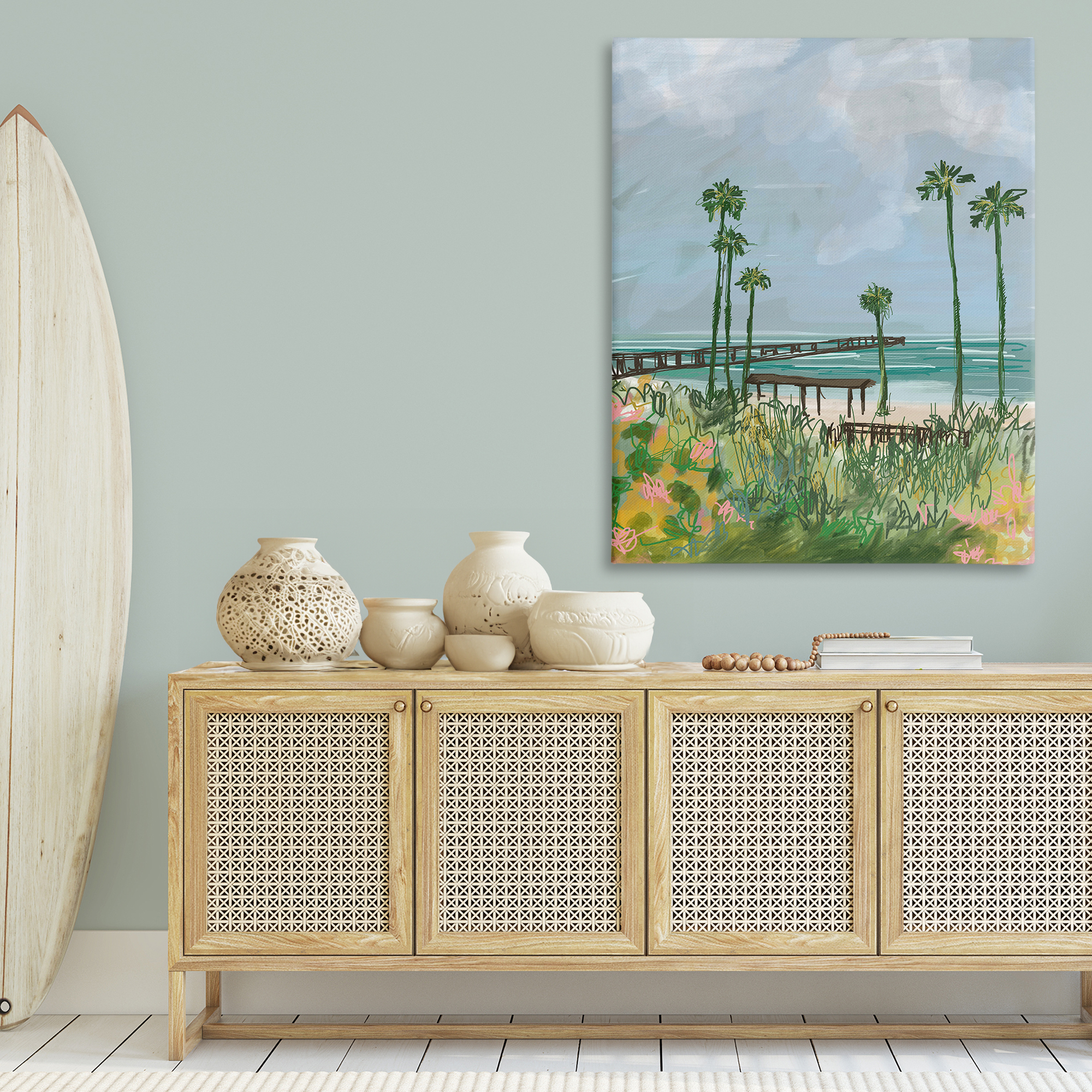 Stupell Industries Palm Trees Dock Scene Landscape Painting Gallery Wrapped Canvas Art Print Wall Art, 36 x 48