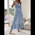 thumbnail image 4 of Vestido de Verano para Mujer, Elegante, con Escote en V, Volantes, Mangas Sueltas, Cintura Plisada, para Invitada de Boda. Azul XXL, 4 of 7
