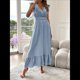 thumbnail image 4 of Vestido de Verano para Mujer, Elegante, con Escote en V, Volantes, Mangas Sueltas, Cintura Plisada, para Invitada de Boda. Azul L, 4 of 7