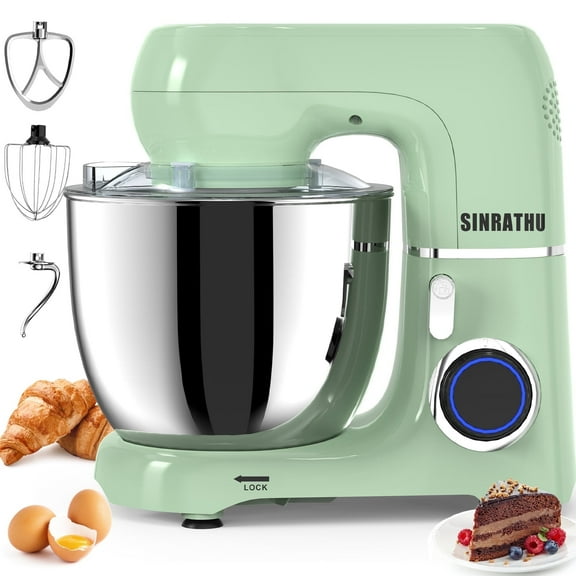 Sinrathu 6.5 QT Stand Mixer, 3-IN-1 Tilt-Head 10-Speed Food Mixer, Kitchen Electric Mixer with Bowl, BeaterDough, Hook, Whisk for Most Home Cooks,(Agave Green)