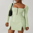 thumbnail image 3 of Women‘s Long Sleeve Party Dress with Split Hem and U Neck, 3 of 7