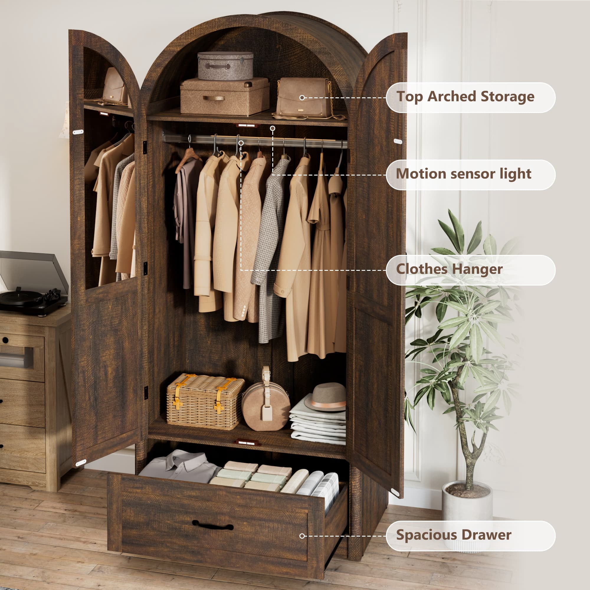 Arched Armoire Wardrobe with LED Sensor Light & Mirror, 2-Door Wardrobe Closet with Drawers, Rustic Farmhouse Bedroom Armoire Clothing Storage Cabinet with Hanging Rod