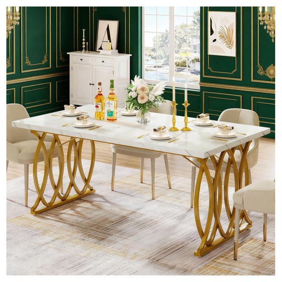 Dining Table with Faux Marble Top - Modern Kitchen Table for 4-6 People - White & Steel Frame - Living Room & Kitchen Décor - 63 Inch Rectangular