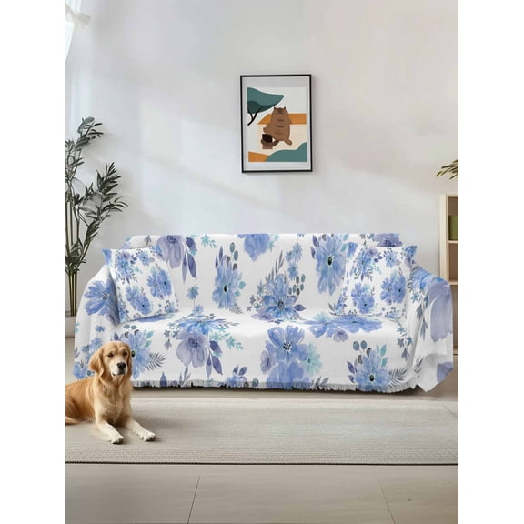 Blue Watercolor Floral Couch Cover for 2 Cushion Couch, Spring Flower Abstract Art Washable Love Seat Sofa Covers Slipcover, Throw Sofa Covers for Pets, Furniture Protector 71"x102"