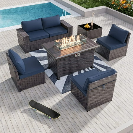 Gotland 7 Pieces Outdoor Patio Furniture Set with 43 Gas Propane Fire Pit Table PE Wicker Rattan Sectional Sofa Patio Conversation Sets Navy Blue