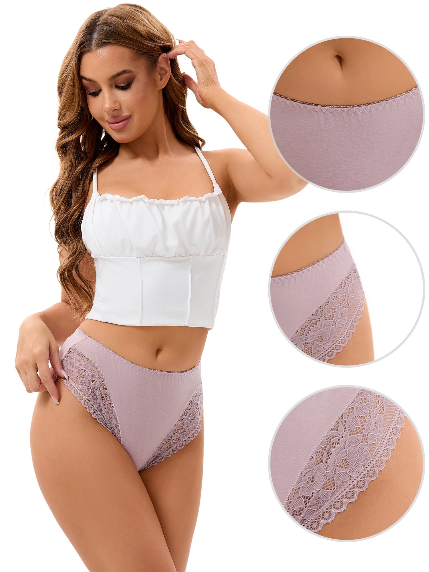 DARING DIVA Women's Lace Trim Lightweight Panties Mid-Waisted Thongs Briefs Beige XL
