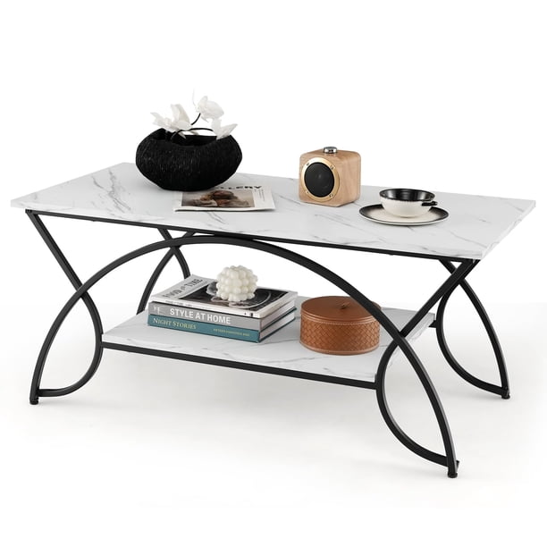 Mesa de café COSTWAY moderna de mármol sintético de 2 niveles con almacenamiento