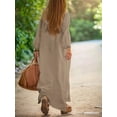 thumbnail image 3 of Women Summer Long Sleeve Neck Maxi Linen Shirt Dress Loose Button Down Tunic Shift Dress Khaki XXXL, 3 of 6