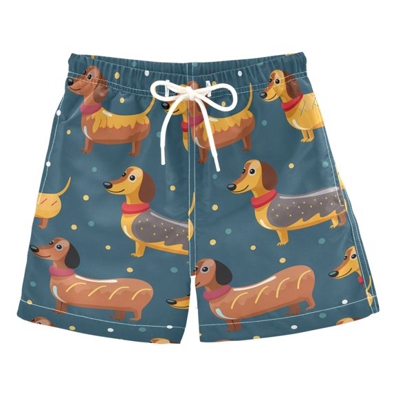 joogoo Boys Swim Trunks Cartoon Dachshund Dogs Beach Board Shorts Drawstring Swimsuit L