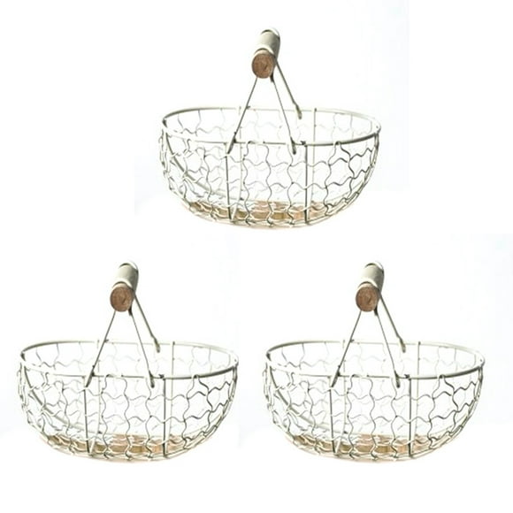 3X Wooden Handle Metal Retro Basket Portable Multi-Function Vegetable Fruit Egg Groceries Practical Storage Basket White