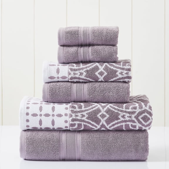 Modern Threads Monroe 6-Piece 100% Cotton Towel Set – Reversible Yarn Dyed Jacquard & Solid – Includes 2 Bath Towels, 2 Hand Towels, 2 Washcloths – Absorbent, Quick Dry, Soft & Durable – Orchid
