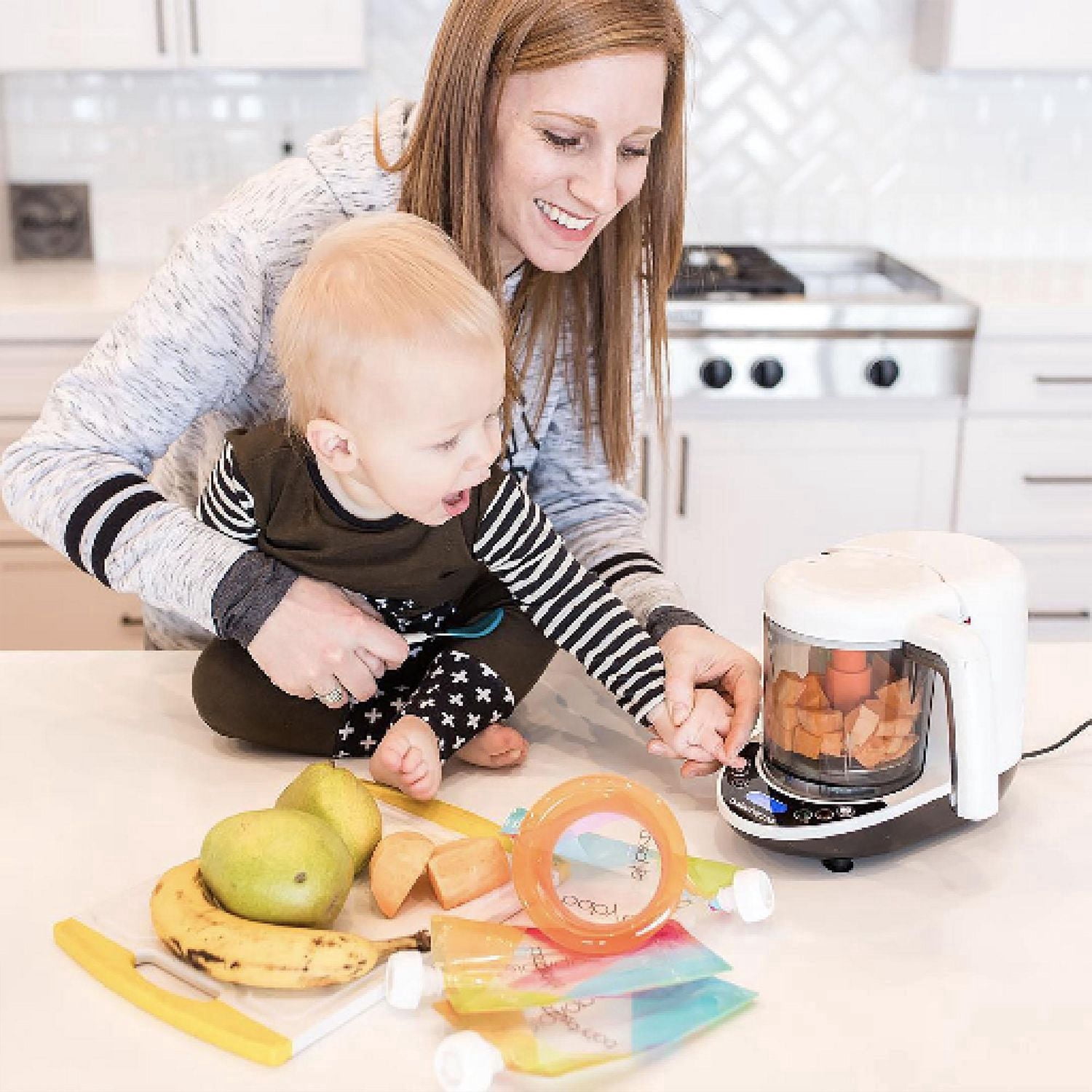 Baby Brezza One Step Baby Food Maker Deluxe, with Pouch + Funnel System - White