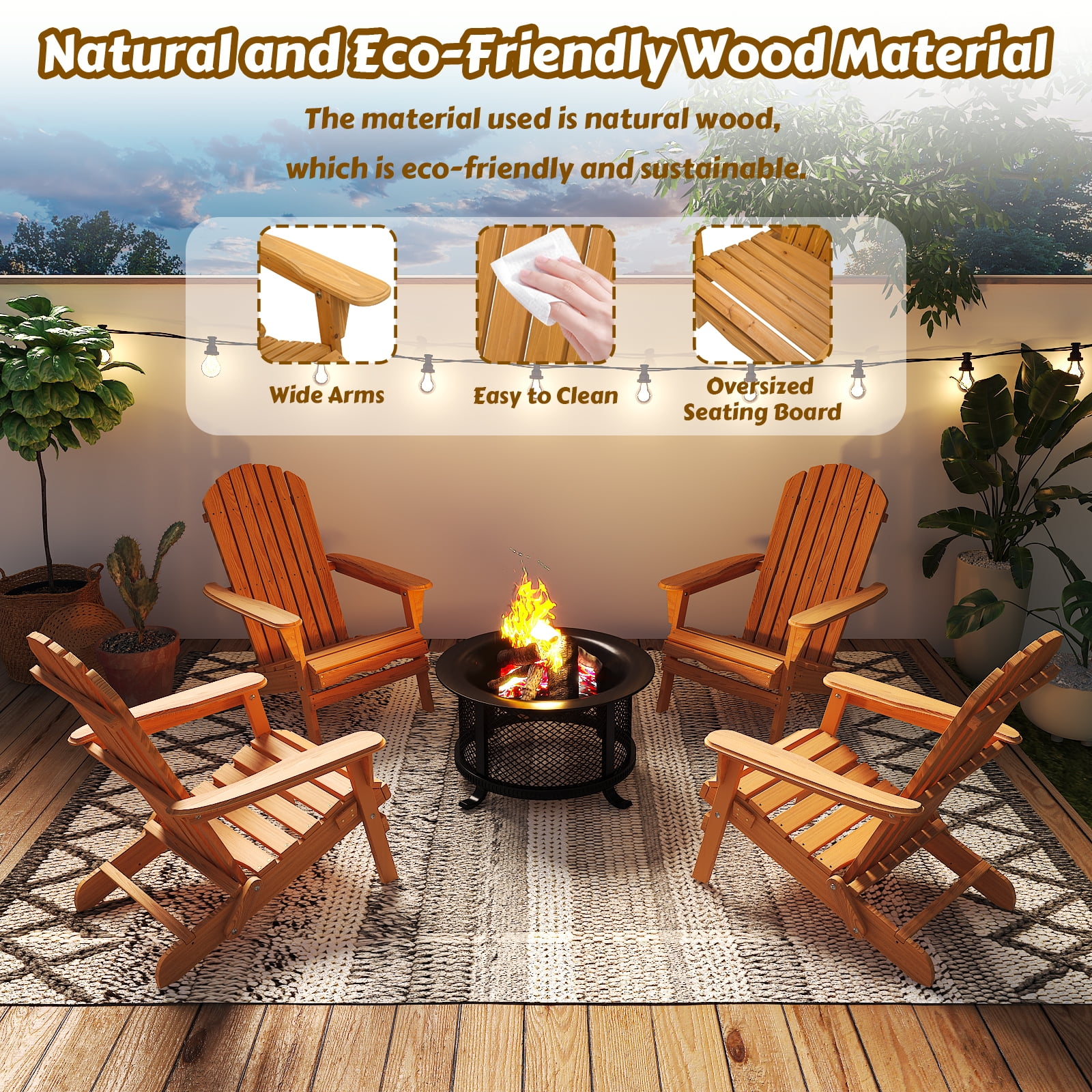 Ktaxon Folding Wooden Adirondack Chair Folding Wood Accent Wood Single Chair for Outdoor and Indoor, Wood Lounge Chair, Natural Color