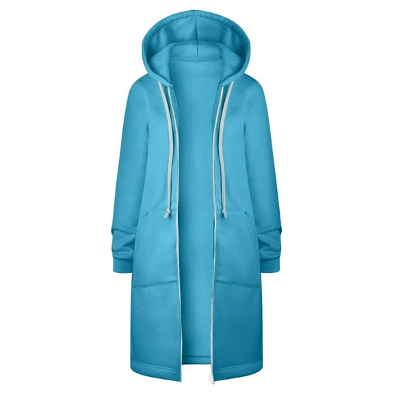 Htigea Long Hoodie for Women Zip Up Sweatshirt Drawstring Hooded Jacket Coat Casual Open Front Cardigan with Pockets Blue S