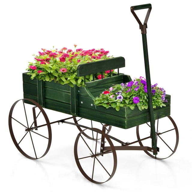 Gymax Garden Plant Planter Wooden Wagon Planter 24.5'' x 13.5'' x 24'' Green Fir Wood with 2 Planting Sections (1 Count)