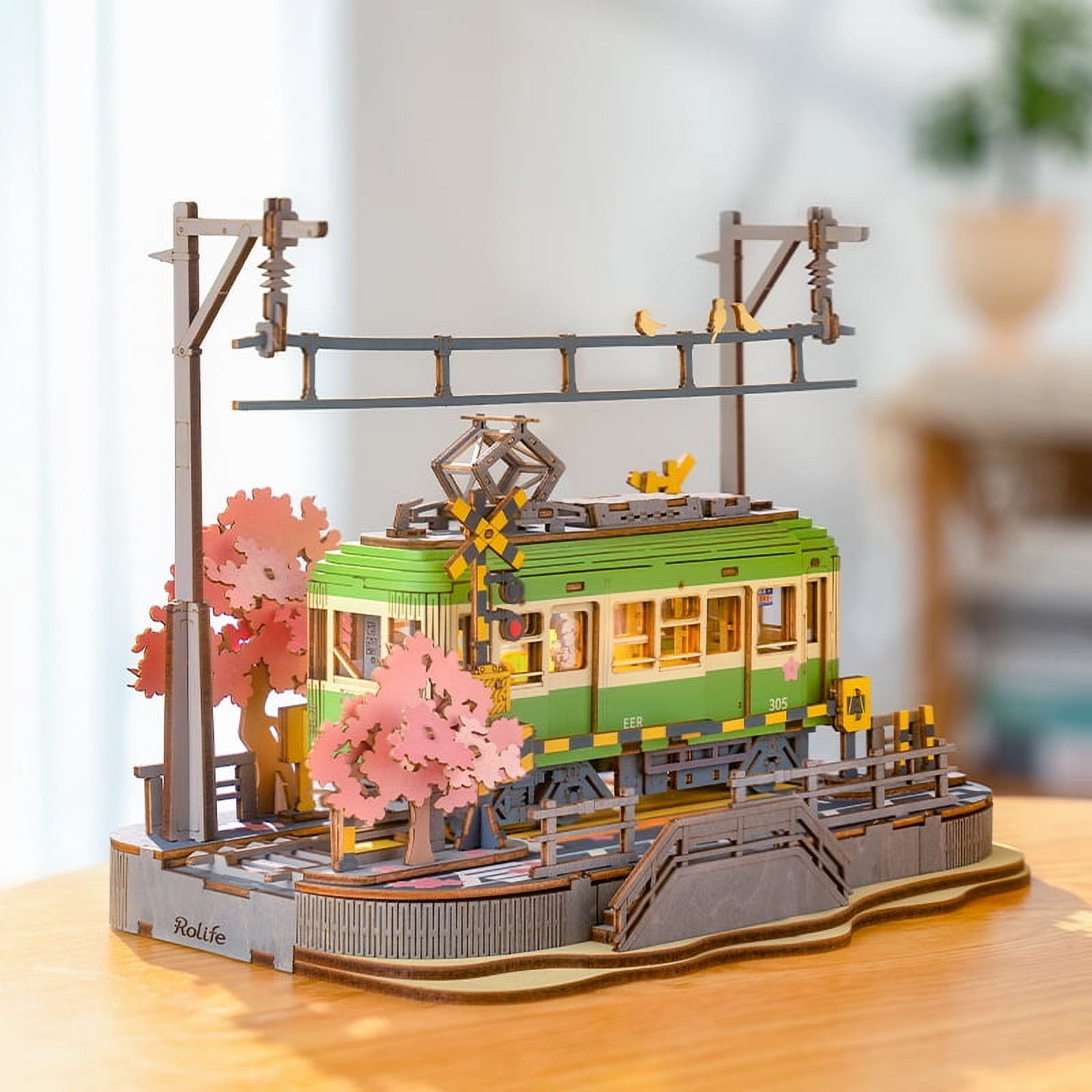 Rolife 3D Puzzle Wooden Jigsaw Car Toy DIY Model Kit for Adults, Building Toy with LED Light Diorama Tram Hobby for Kids Brain Teaser (Sakura Journey)