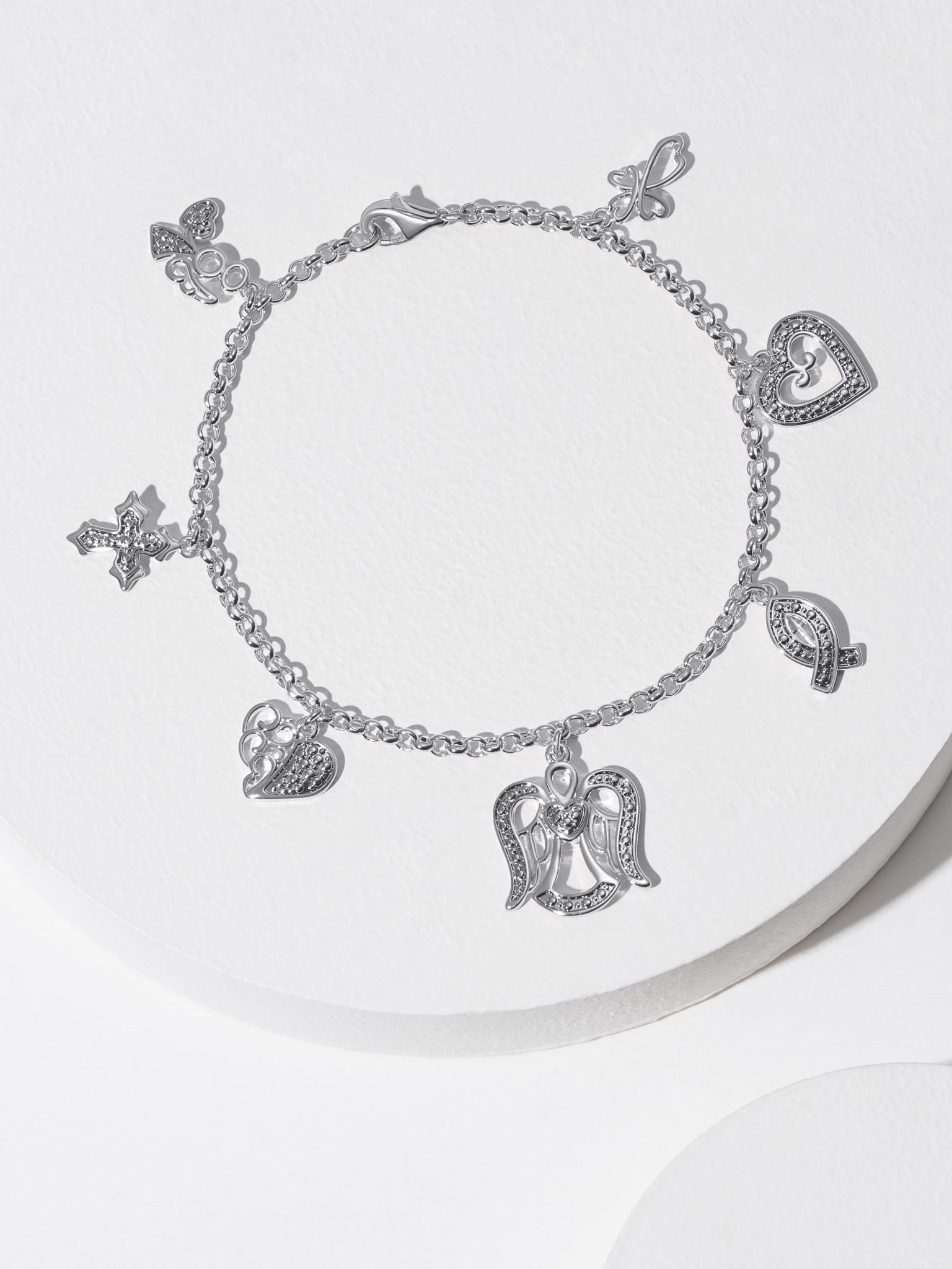Forever Facets Women's Diamond Charm Bracelet Set in Silver Plated Brass, 7.25 inch