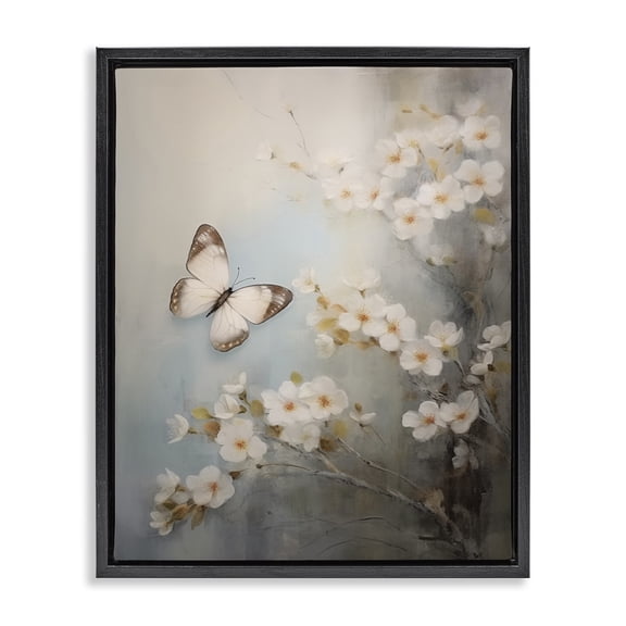Stupell Industries Spring Butterfly & Dogwood Insects Painting Black Floater Framed Canvas Art Print Wall Art, 17 x 21