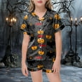 thumbnail image 2 of mgoYE Halloween PJs Family Set Silk Girls Satin Pajama Set Halloween Pumpkin Ghost Print Shirts and Shorts Short Sleeve Button Soft 2 Piece Outfits|Grey 8-9 Years, 2 of 5