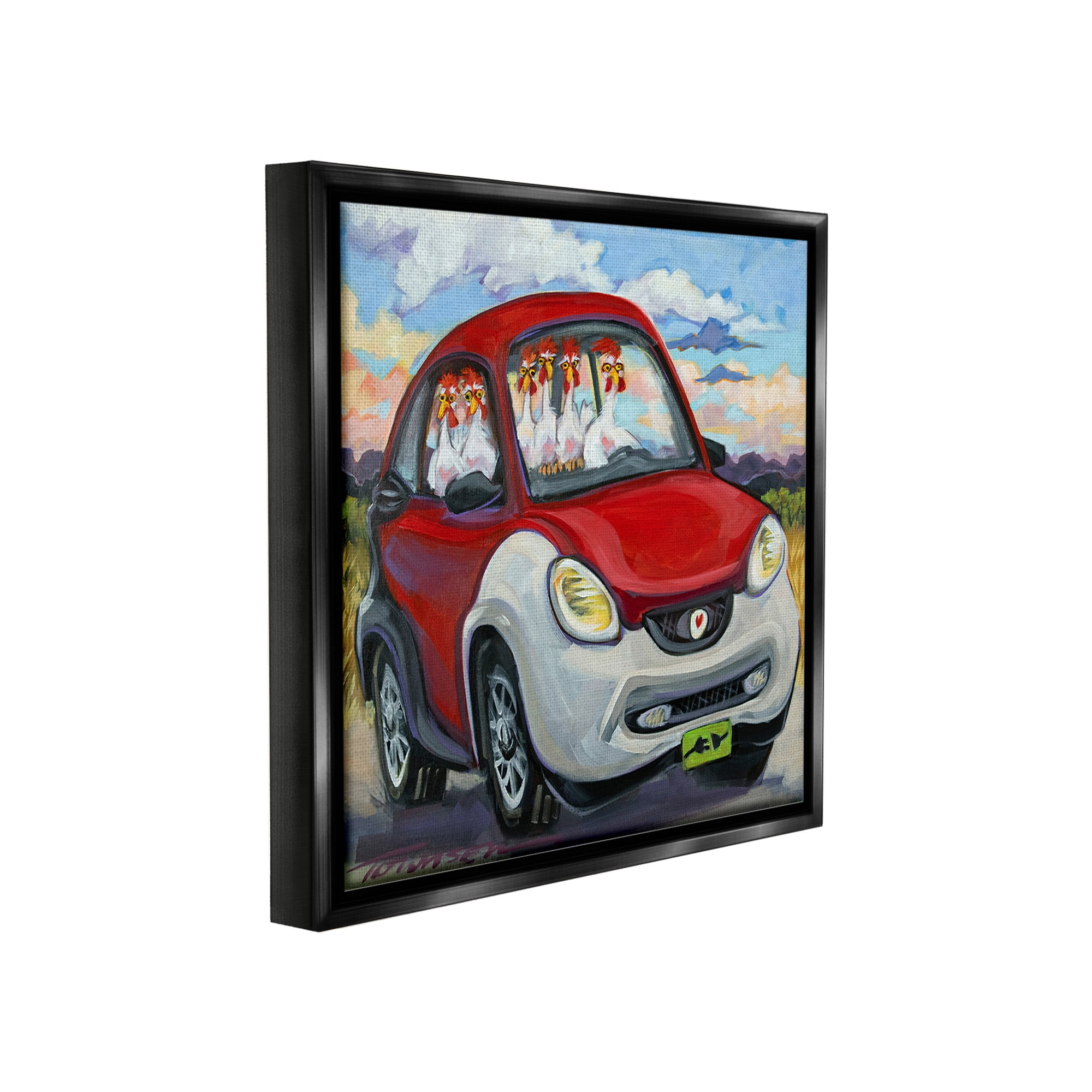 Stupell Industries Chickens Driving Car Animals & Insects Painting Black Floater Framed Canvas Art Print Wall Art, 25 x 25