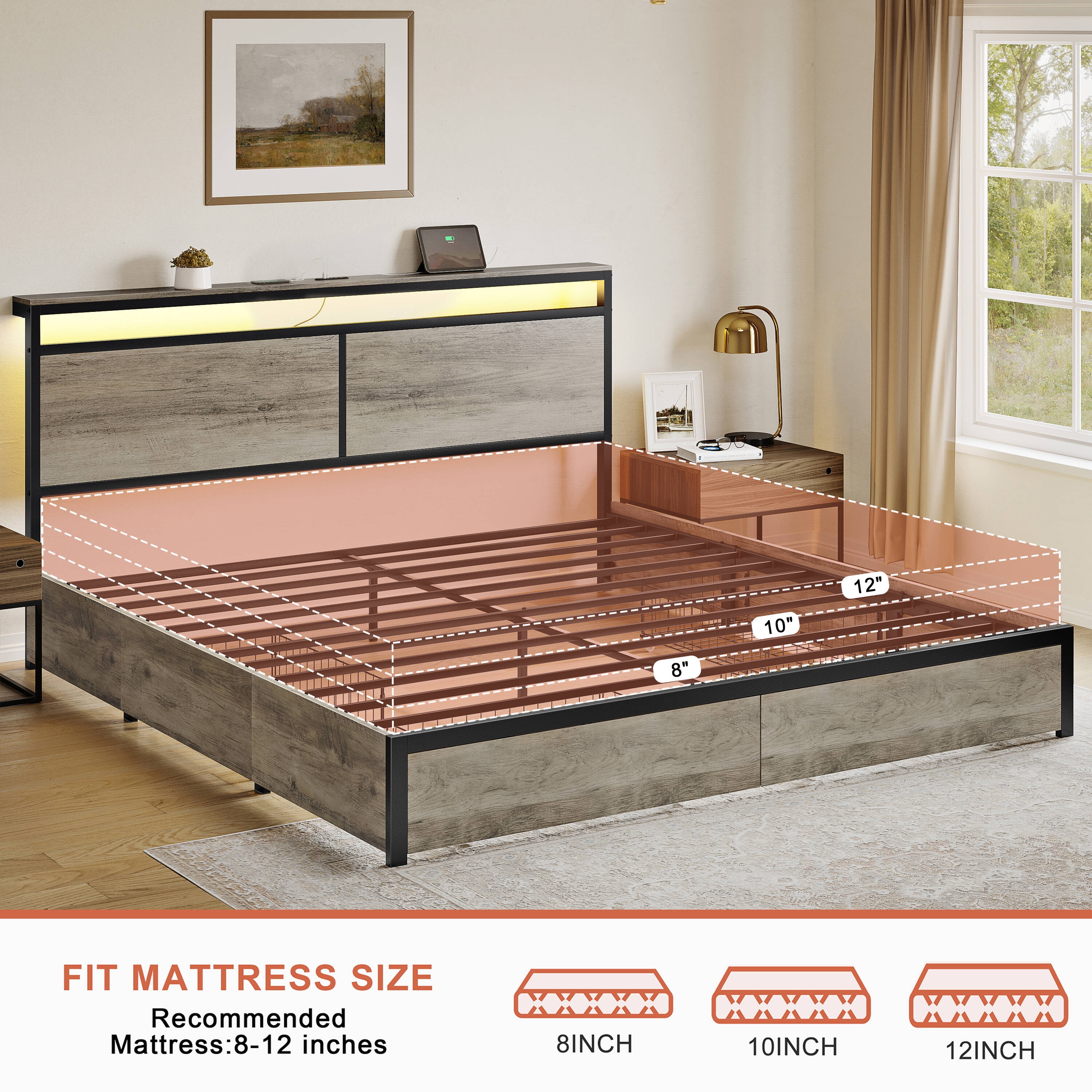 GUNAITO Queen Size Bed Frame with Headboard and 4 Storage Drawers LED Platform Bed Frame with Charging Station Gray