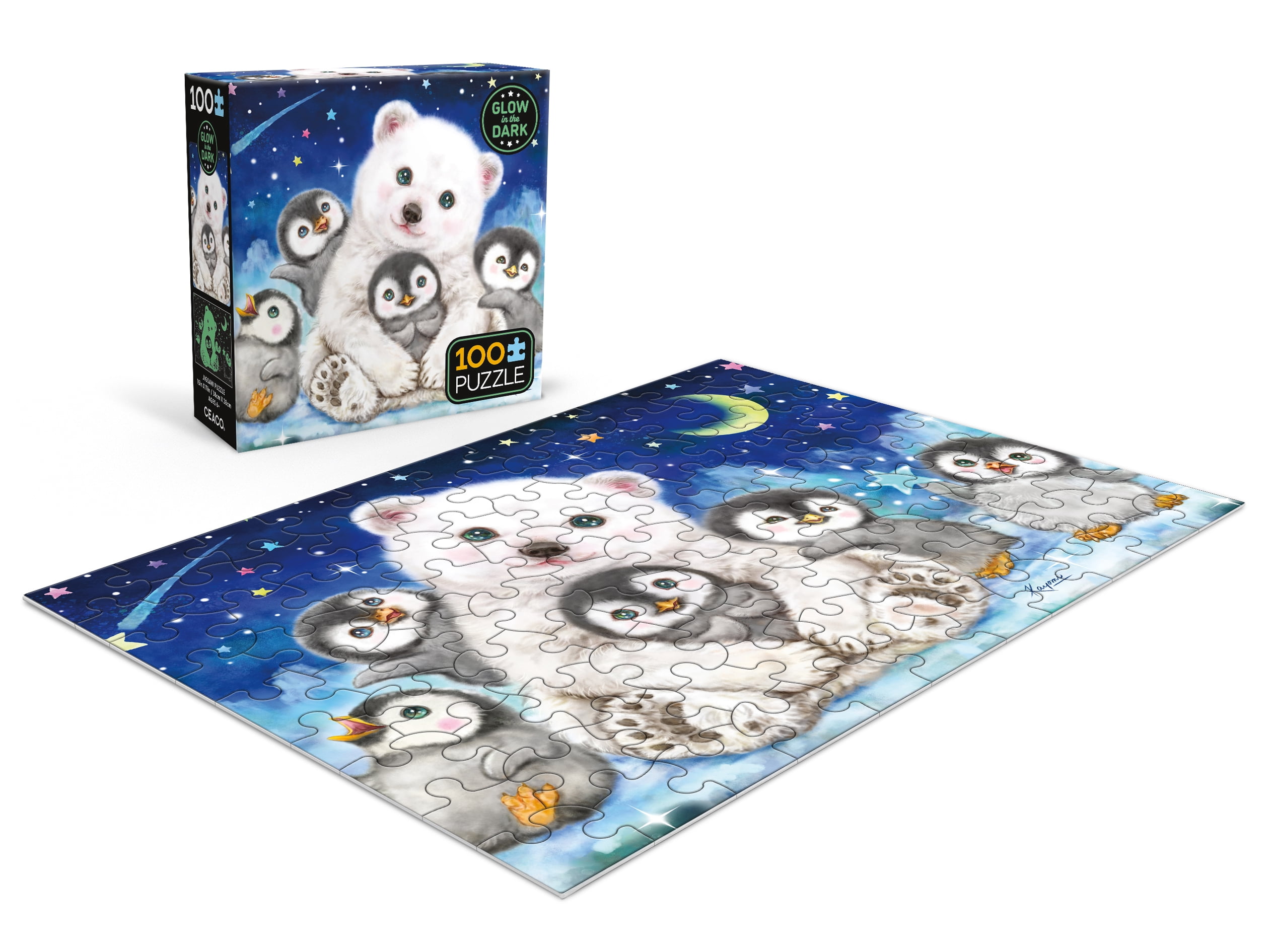 Ceaco Polar Bear and Penquins Glow in the Dark 100-Piece Interlocking Jigsaw Puzzle for Adults Ages 6+