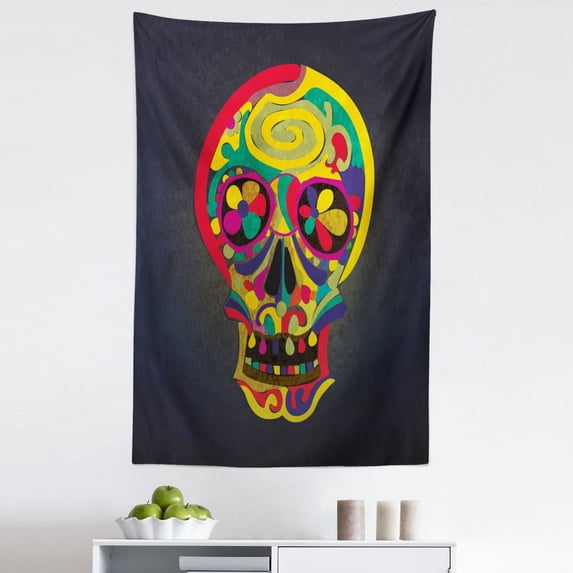Skull Tapestry, Colorful Hand Drawn Skeleton Illustration Abstract Flowers Creative Motifs, Fabric Wall Hanging Decor for Bedroom Living Room Dorm, 5 Sizes, Multicolor, by Ambesonne