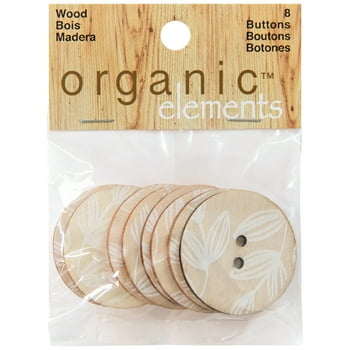  Elements Tan 1 3/8" Wood Floral Printed 2-Hole Buttons, 8 Pieces