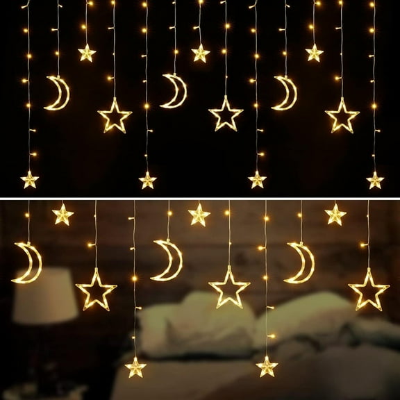 Christmas LED Curtain String Lights - 12 Drops 138 LED Star Moon Hanging Lights, 8 Modes, Waterproof Connectable Window Lights for Indoor Outdoor Holiday Decorations (Warm White)