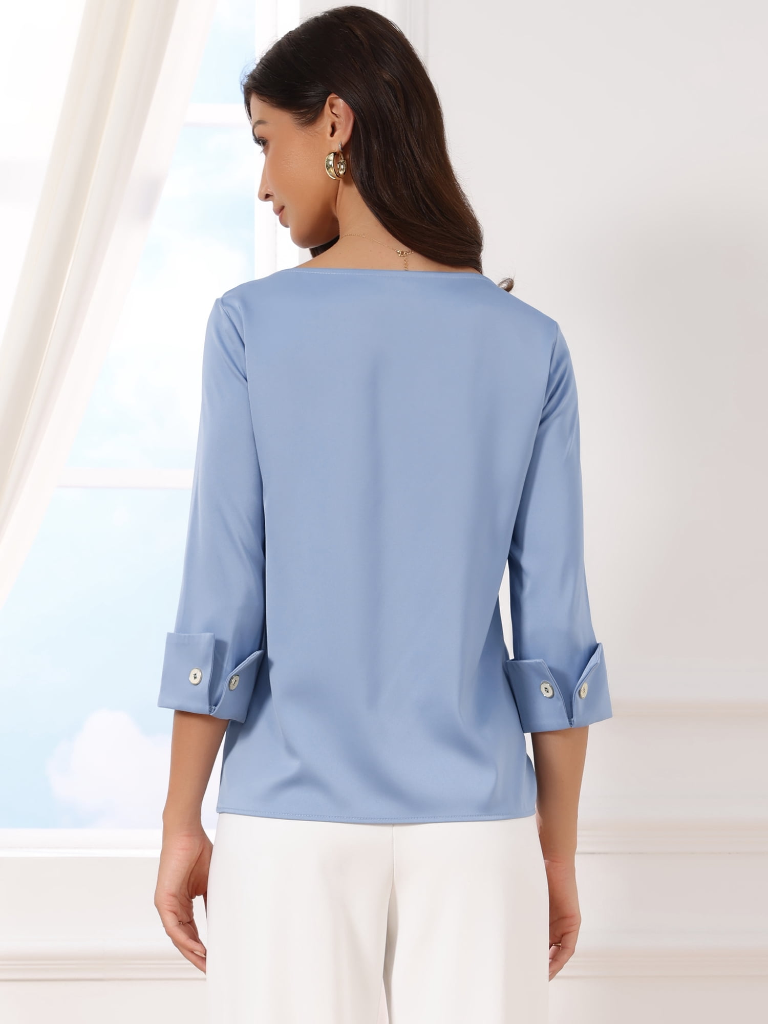 DARING DIVA Women's Satin Boat Neck 3/4 Sleeve Business Shirt XL Blue