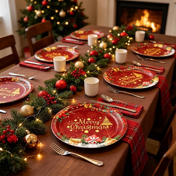 Honeplcked 10Pcs 9in Red Christmas Paper Plates Disposable, Christmas Party Tableware Supplies Paper Plates for Xmas Holiday Wedding Decor