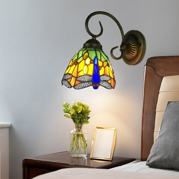 Miumaeov Dragonfly Stained Glass Wall Lamp LED Classic Tiffany Wall Sconce Bedroom Decor