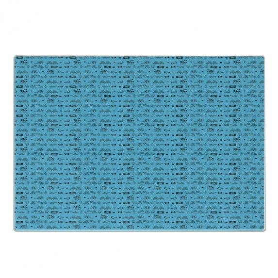 Blue and Black Cutting Board, Doodle Style Cinema Movie Theater Camera Seat Popcorn Clapper, Decorative Tempered Glass Cutting and Serving Board, Small Size, Pale Blue and Black, by Ambesonne