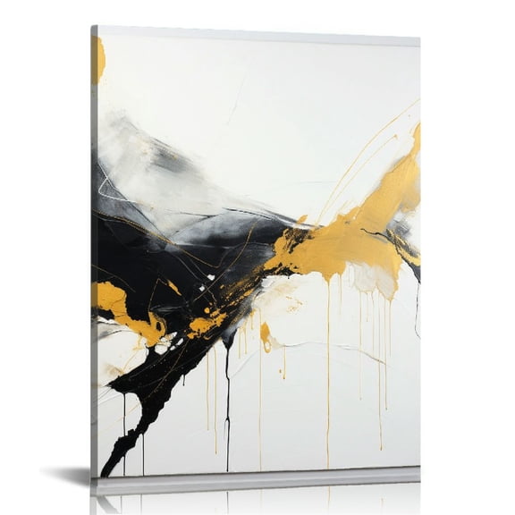 ONETECH Wall Decor Mural Black White Gold Leaf Oil Painting On Canvas Framed Abstract Art Poster For Bedroom Decoration