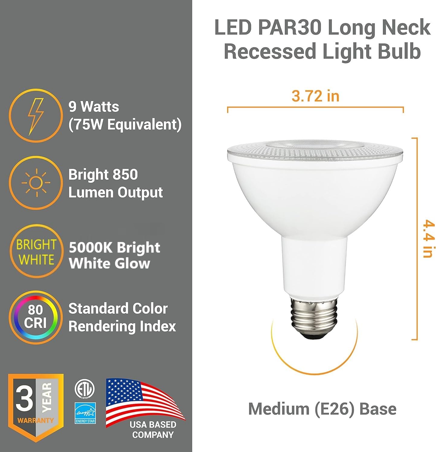 Diodesy- Pack of 6 PAR30LN/LED/9W/FL35/D/E/50K PAR30 Long Neck LED Flood Light Bulb, 9W (75-Watts EQ), Dimmable, 5000K Bright White, 850LM, Long Lasting E26 Light for Recessed Trim, Track, Accent, ETL