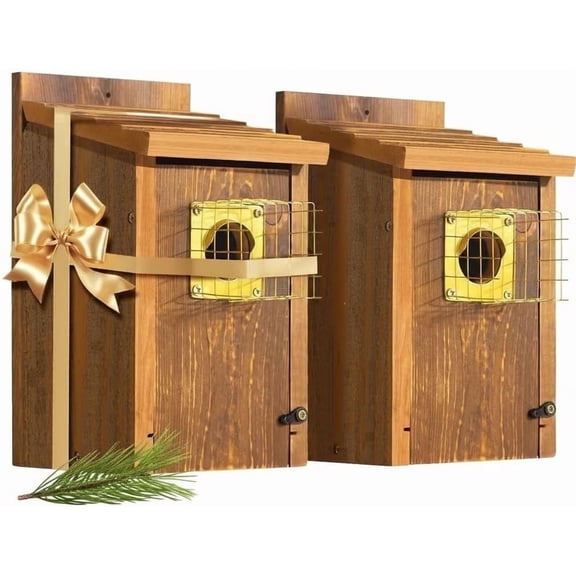 CEDAR ALPHA 2pk Bird House for Outdoor - Bluebird Houses for Outside with Perch, Mesh Base & Brass Guard